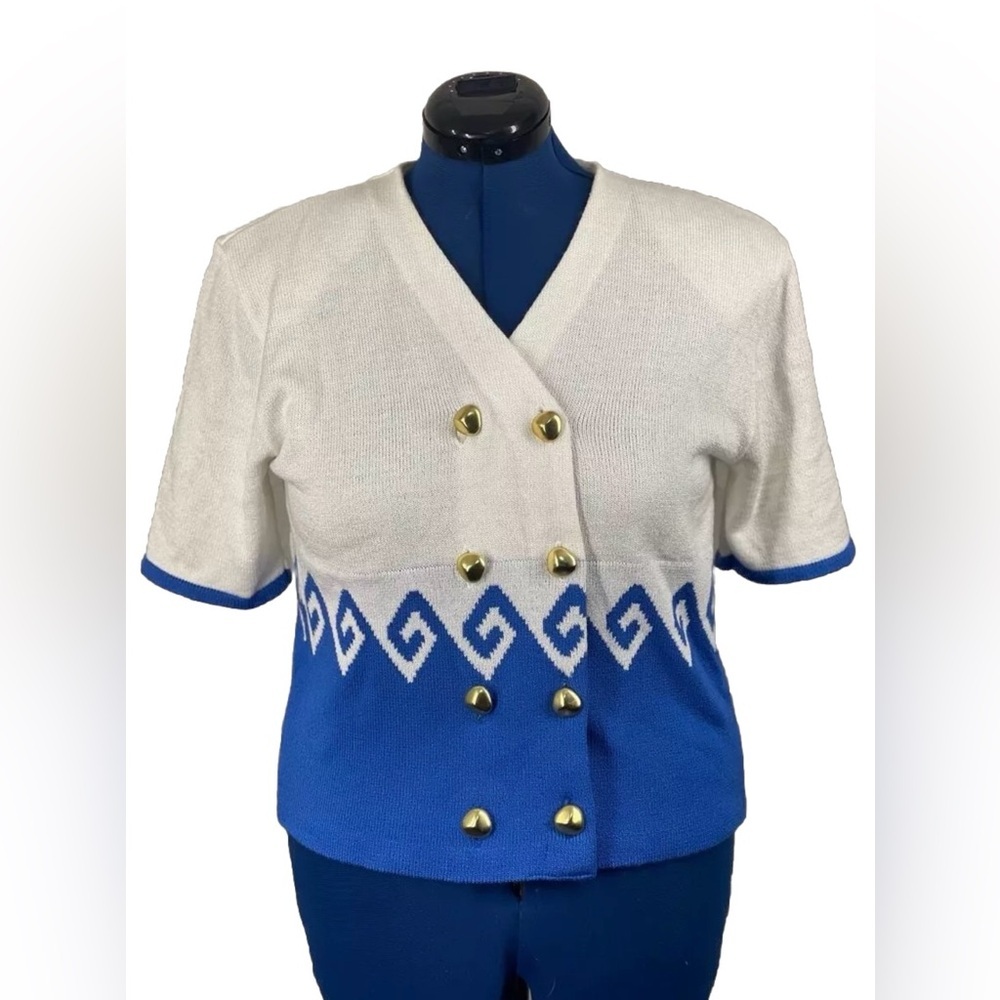 Vtg 80's/90's Ami Knits Sweater‎ 10P Blue White Short Sleeve Cardigan USA Made